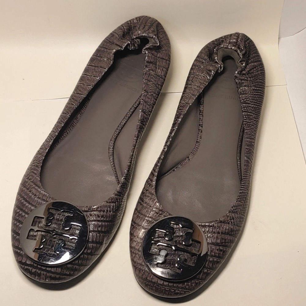 TORY BURCH Women’s Gray BALLET FLATS Snake Embossed Leather Shoes sz 6.5